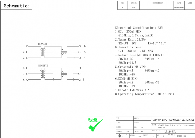 ترانسفورماتور SMT ترانسفورماتور Ethernet 10 / 100Base-T H1601CG Lane Magnetics LP1102NL