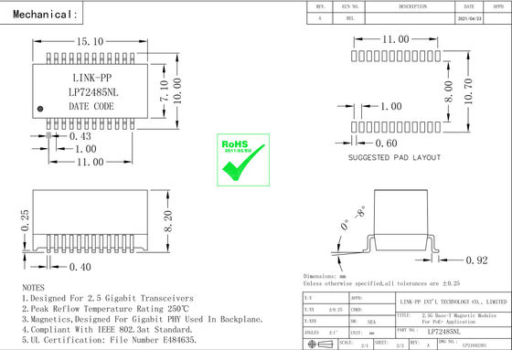QT24A154P 2.5G Base-T PoE + ماژول های مغناطیسی شبکه LP72485NL