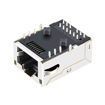 L8BE-1G1T-91A مغناطیسی RJ45 جک 100 پایه T Tab Up 1X1 پورت سبز LED محافظ با انگشت EMI