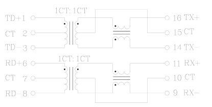 TS21CHF 16 پین لن ترانسفورماتور، LP1102NL 10 / 100Base-T فیلتر مغناطیسی ماژول